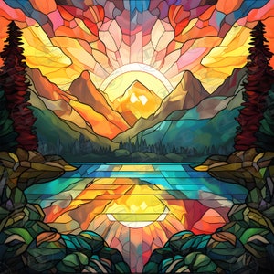 May include: A stained glass style illustration of a mountain lake scene with a sunrise over the mountains. The lake is reflected in the water, and there are trees on either side of the lake.