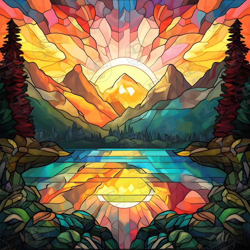 May include: A stained glass style illustration of a mountain lake scene with a sunrise over the mountains. The lake is reflected in the water, and there are trees on either side of the lake.
