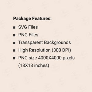 Puede incluir: Texto sobre un fondo beige claro que enumera las caracter&iacute;sticas del paquete. Las caracter&iacute;sticas incluyen archivos SVG, archivos PNG, fondos transparentes, alta resoluci&oacute;n (300 DPI) y tama&ntilde;o PNG 4000X4000 p&iacute;xeles (33 x 33 cm).
