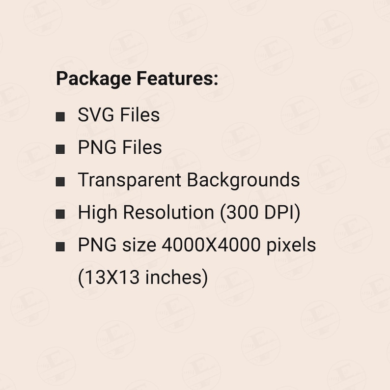 Puede incluir: Texto sobre un fondo beige claro que enumera las caracter&iacute;sticas del paquete. Las caracter&iacute;sticas incluyen archivos SVG, archivos PNG, fondos transparentes, alta resoluci&oacute;n (300 DPI) y tama&ntilde;o PNG 4000X4000 p&iacute;xeles (33 x 33 cm).