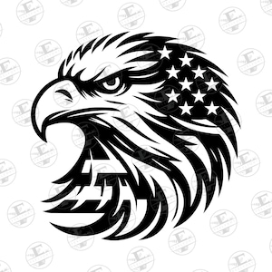 May include: Black and white illustration of an eagle's head with a stylized American flag pattern. The eagle's eye is detailed and the feathers are sharp and defined.