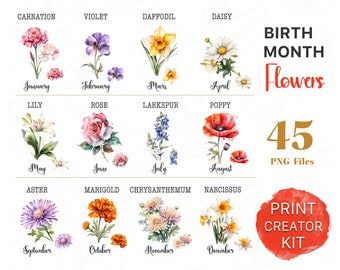 Mes de nacimiento Flores Clipart Acuarela Floral PNG paquete DIY Mes de nacimiento Flor Imprimir Creador Kit Flor Gráfico Botánico Clipart