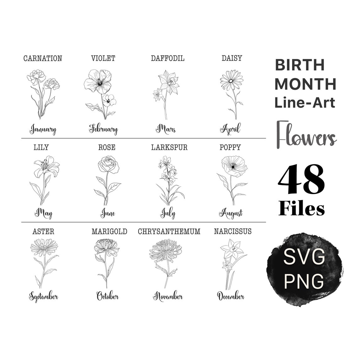 Birth Month Flower SVG PNG Bundle Birth Month Flower Line Art Floral ...