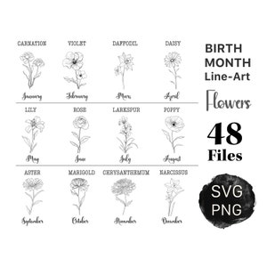 Birth Month Flower SVG PNG Bundle Birth Month Flower Line Art Floral Birth flower Botanical Birth Flower svg Collection for DIY Crafts