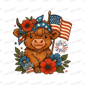 Cute Highland Cow With USA Flag 4th of July SVG PNG | Cute Patriotic Cow Clipart | Independence Day Sublimation for Mugs, Shirts & Decor |03