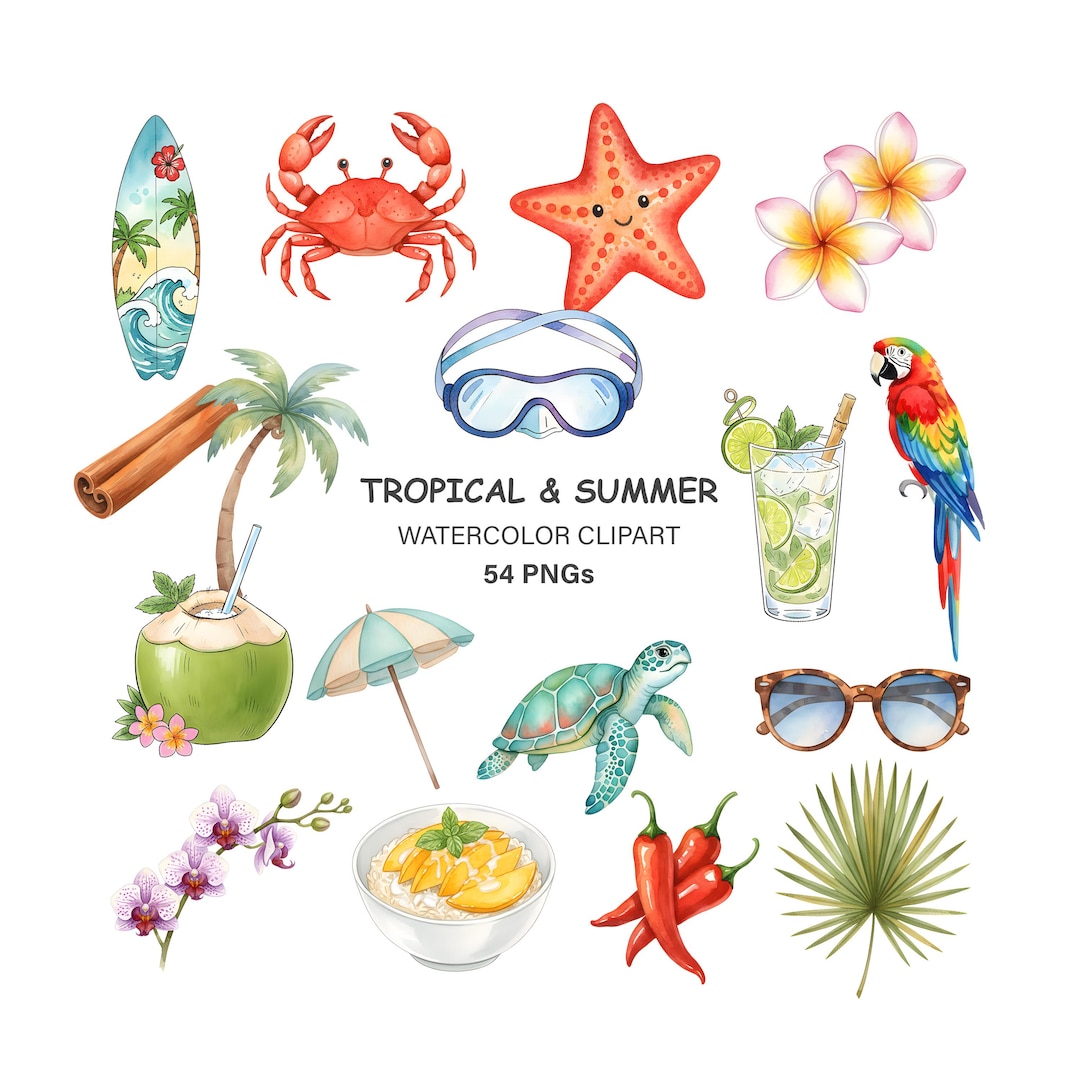 Tropical Summer Clipart Bundle, 54 Watercolor Beach Vacation PNG, Luau ...