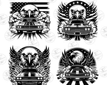 Może przedstawiać: Cztery czarno-białe ilustracje klasycznego samochodu typu muscle car z elementami orła i flagi amerykańskiej. Każdy projekt przedstawia inną kompozycję, z głową i skrzydłami orła umieszczonymi nad samochodem.