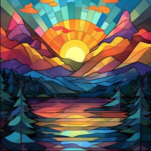May include: A stained glass style illustration of a mountain landscape with a lake reflecting the sunset. The sky is blue with orange clouds and the sun is a bright yellow circle. The mountains are a mix of purple, orange, and yellow. The lake is a deep blue with a reflection of the sunset.