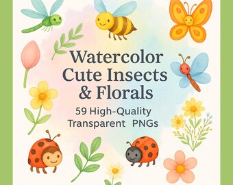 Pacchetto PNG di insetti e fiori carini ad acquerello / Clipart trasparenti di alta qualità, api, farfalle, fiori, foglie, illustrazioni a nido d'ape