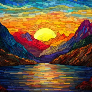 May include: A stained glass style illustration of a mountain range with a bright yellow sun setting behind the peaks. A blue lake reflects the sunset in the foreground.