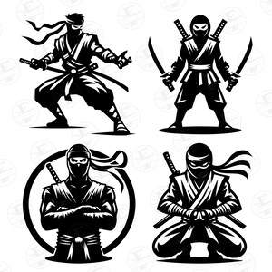 May include: Four black and white illustrations of ninjas in different poses. The first ninja is standing with a sword in each hand. The second ninja is standing with a sword in each hand. The third ninja is standing with his arms crossed. The fourth ninja is kneeling with his hands clasped in front of him.