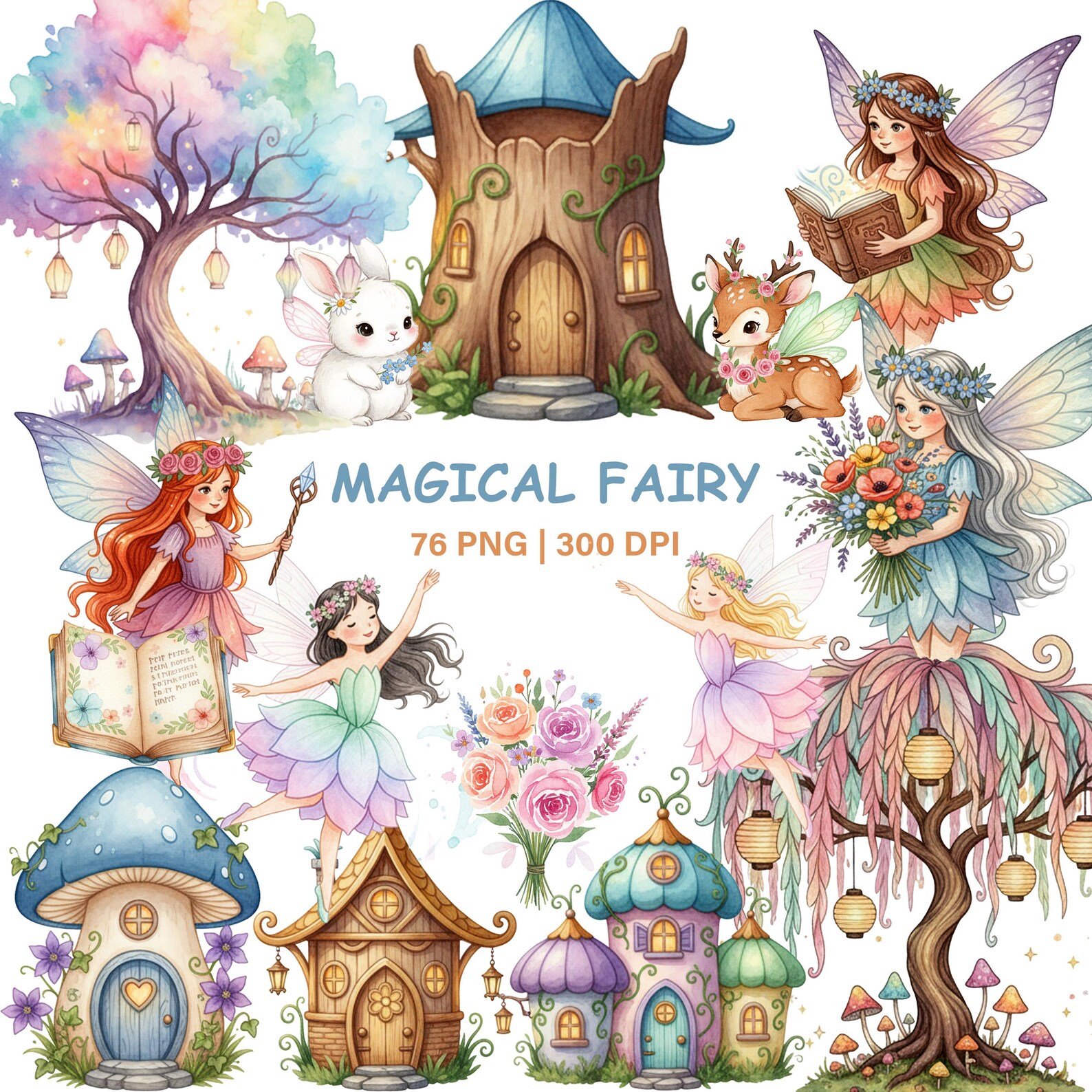 Magical Fairy Clipart Bundle | Watercolor Fairy Garden PNG | Whimsical ...