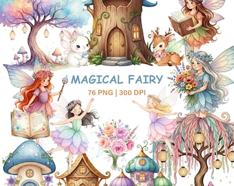 Magical Fairy Clipart Bundle | Watercolor Fairy Garden PNG | Whimsical Fairy Houses, Mushrooms, Baby Fairies, Flowers | 76 PNG 300 DPI