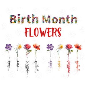 Set di clipart di fiori del mese di nascita PNG floreale colorato dell'acquerello Kit di fiori del mese di nascita fai da te Pacchetto di clipart dell'acquerello per compleanno, festa della mamma