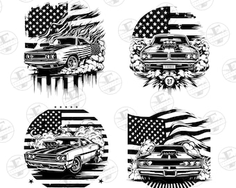 Może przedstawiać: Czarno-białe ilustracje klasycznych samochodów typu muscle car z elementami amerykańskiej flagi. Każdy projekt przedstawia zabytkowy samochód z efektami dymu, na tle gwiazd i pasków. Projekty są szczegółowe i stylizowane.