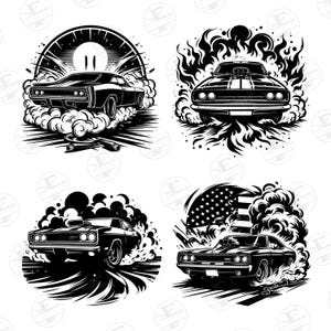 May include: Four black and white illustrations of a classic muscle car with smoke and flames coming from the tires. The car is in a variety of settings, including a speedway, a field of flames, and a field of smoke.