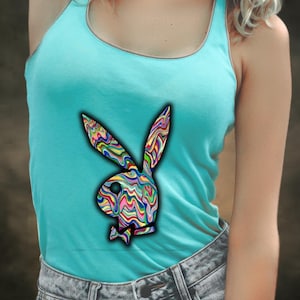 Trippy Playful Playboy Bunny Women&#39;s Tank Top - Racerback Top, Trendy Sleeveless Shirt, Cute Graphic Tee, Unique Festival Wear, Fun Graphic