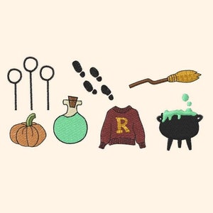 Puede incluir: Un conjunto de ilustraciones con temática de Harry Potter que incluye una calabaza, una botella de poción, un suéter de Gryffindor, un caldero, una escoba y un conjunto de aros de snitch dorados.