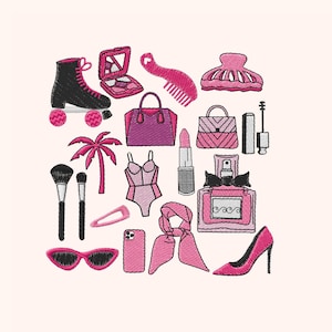 Peut inclure: Une collection d'accessoires de mode et de beauté roses et violets, comprenant des patins à roulettes, un sac à main, un maillot de bain, une pince à cheveux, un peigne, du rouge à lèvres, du parfum, des lunettes de soleil, une coque de téléphone et une écharpe.