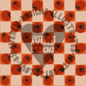 May include: A repeating pattern of orange tomatoes with black stems on a light peach and orange checkered background. The text "ILLUSTRATED BY AVENLY DESIGNS" is visible in the center of the image.