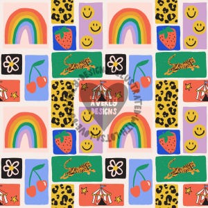 May include: A repeating pattern featuring colorful illustrations. The design includes rainbows, strawberries, tigers, cherries, smiley faces, flowers, circus tents, and leopard print spots. The text "AVERLS DESIGNS" is visible in the center.