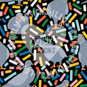 Puede incluir: Patrón repetitivo con palomas grises con collares verdes y picos naranjas sobre fondo negro. Formas coloridas tipo confeti en varios colores, incluyendo rosa, amarillo y azul, están dispersas en el diseño. El texto "Illustrated by Avery Designs" está superpuesto.