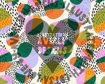 May include: Abstract pattern featuring overlapping, colorful, geometric shapes in orange, green, pink, and purple, with black dotted accents on a cream background. The design includes the text "Illustrated by Aviva Designs".