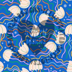 May include: A seamless pattern featuring jellyfish and wavy lines in shades of blue, orange, pink, and green. The design includes a large heart shape and the text "ILLUSTRATED BY VERLIE DESIGNS".