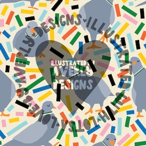 May include: A whimsical pattern featuring stylized gray pigeons with orange beaks and feet, accented with colorful rectangular shapes. The design includes text within a heart shape and around the edges, set against a cream background.