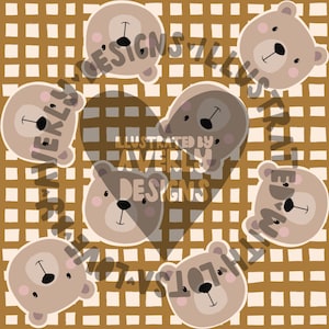 May include: A repeating pattern of cartoon teddy bear faces in shades of brown and tan, set against a grid background. The bears have black eyes and noses, with pink accents on their cheeks and ears. The text "ILLUSTRATED BY AVERLY DESIGNS" is visible.