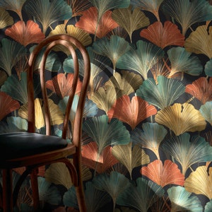 Gingko Leaves Wallpaper, Gingko Leaf Wall Mural, Colorful Leaves Art, Self Adhesive, Peel and Stick, Botanical Removable Wallpaper