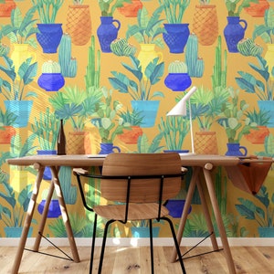 Carta da parati con cactus, arte murale botanica ad acquerello, decorazione murale con cactus, rivestimento murale con vasi colorati, stacca e attacca, carta da parati rimovibile