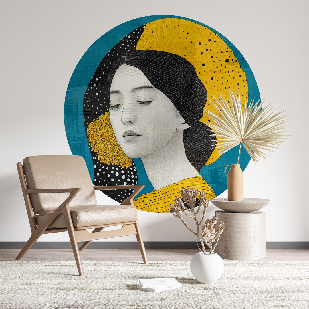 Portrait of Iconic Woman, Digital Painting Circle Wall Decal Geometric
