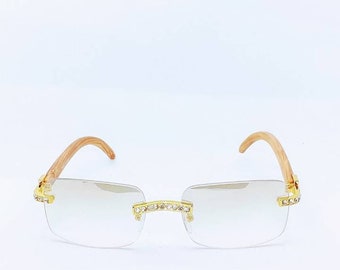 Buff UP' Vintage Retro Clear lens Gold/ Sand Brown wood glasses