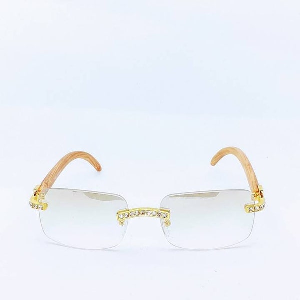 Buff UP' Vintage Retro Clear lens Gold/ Sand Brown wood glasses