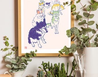 Dog Team Illustration art print on recycled paper