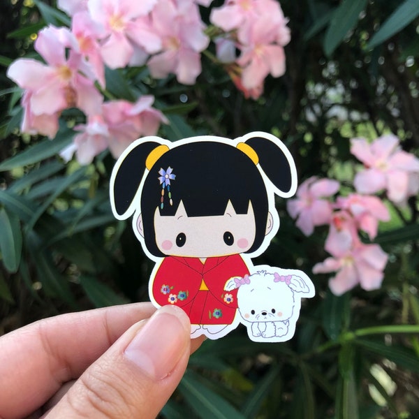 Japanese Kimono Girl w/ Doggy — cute kawaii sticker