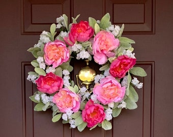 Pink Peony Wreath, Lambs Ear, Everyday Front Door Decor