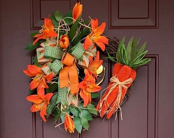 Floral Easter carrot wreath for front door, Easter lily twig wreath, orange carrot Easter decor, Easter wreath for mantle, Easter wreath