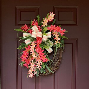 Pink and cream freesia farmhouse wreath for front door, everyday freesia grapevine wreath, everyday wreath for apartment, housewarming gift