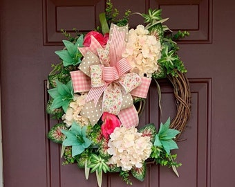 Hydrangeas and lily wreath for front door, everyday hydrangeas porch decor, hydrangeas entryway wreath, kitchen wreath, Mother’s Day gift