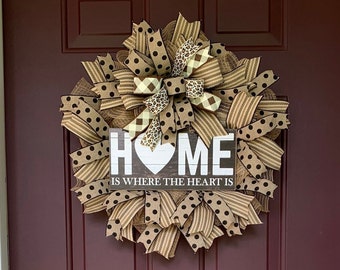 Home wreath for front door, storm door wreath, farmhouse front porch, everyday welcome wreath, housewarming gift, burlap mesh wreath