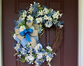 Everyday Farmhouse wreath for front door, farmhouse front porch, everyday blue and white wreath, daisy wreath, gingham print decor