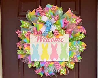 Pastel Easter Welcome wreath for front door, Easter bunny wreath for front door, Easter front porch, glittered Easter bunny decor