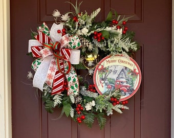 Merry Christmas truck wreath for front door, Christmas wreath with berries, traditional Christmas decor, frosted Christmas mantle wreath