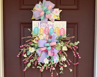 Happy Easter welcome wreath for front door, floral Easter twig wreath, pastel Easter floral wreath, Easter front porch decor,Easter entryway