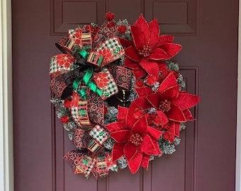 Flocked Poinsettia Christmas Wreath, Evergreen, Red Puff Balls