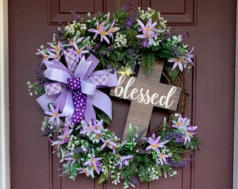 Blessed wreath for front door, Easter wreath with cross, spring wreath for front door, religious door decor, purple floral Easter wreath