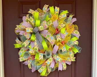 Easter ribbon wreath for front door,Easter egg door decor, pastel Easter egg wreath,mesh Easter wreath for front door, Easter holiday wreath