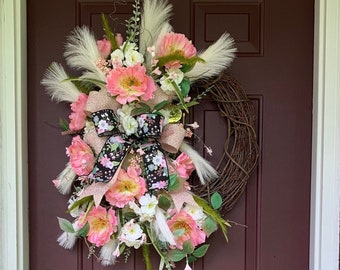 Elegant everyday boho wreath for front door, pink floral boho chic wreath, Mother’s Day gift, wedding gift, wreaths for front door